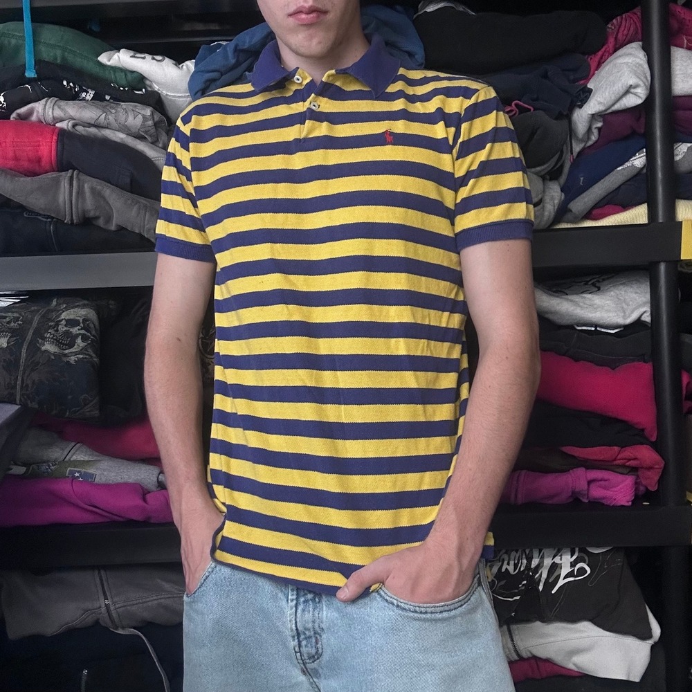 Vintage 90s‎ Polo Ralph Lauren Striped Polo Shirt Yellow Blue Mens Large L